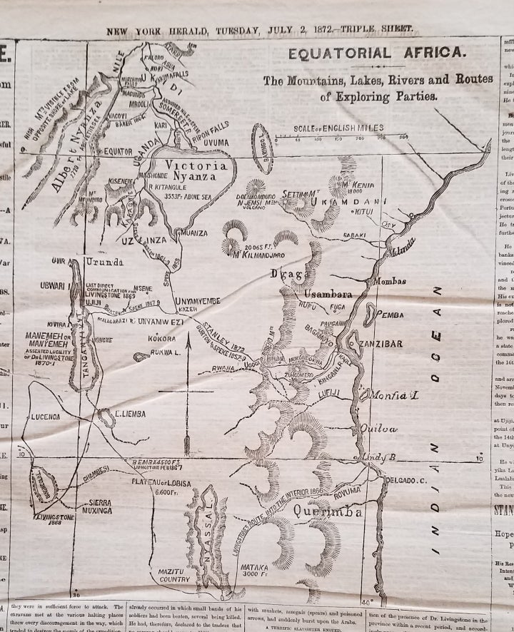 Item #3694 Equatorial Africa. The Mountains, Lakes, Rivers and Routes of Exploring Parties. Map appearing in the New York Herald, July 2, 1872. Africa Exploration., I. presume." "Doctor Livingstone.