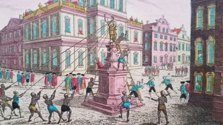 Item #3713 Destruction de la Statue Royale a Nouvelle Yorck. [printed in mirror image.]. New York City View., Habermann, American Revolution.
