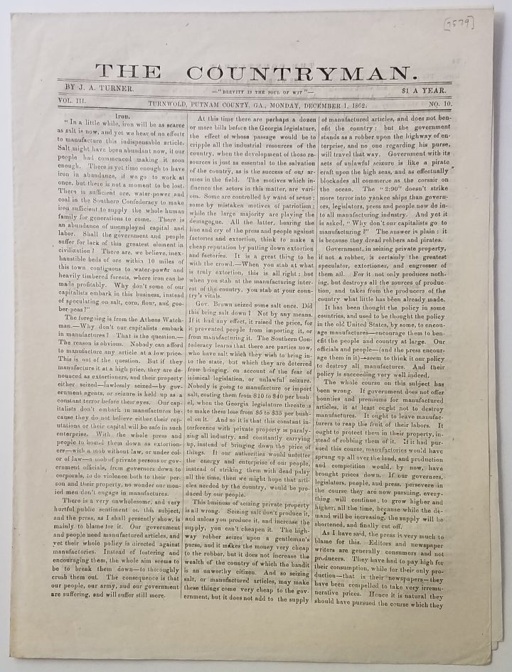 Item #3745 THE COUNTRYMAN. Dec. 1, 1862. Joel Chandler Harris, Confederate Newspaper.