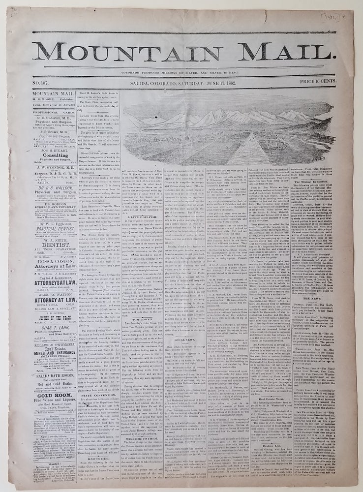 Item #3753 The Mountain Mail, June 17, 1882. Colorado., M. R. Moore, Publisher, Silver Boom.