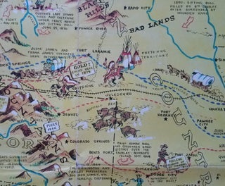Sheriff Danny Arnold's Pictorial Map of The Old West showing pioneer trails and battles, Indian's territories, stagecoach lines, military forts, historical data of the frontier period around 1840.