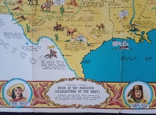 Sheriff Danny Arnold's Pictorial Map of The Old West showing pioneer trails and battles, Indian's territories, stagecoach lines, military forts, historical data of the frontier period around 1840.